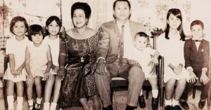 Serrano family portrait featuring (from left): daughters Evelyn, Josie, Susan, parents Pining and Cayo, Bong, daughter Majel, and Boying. Taken at Arce Subdivision, Batangas City, on September 12, 1967.